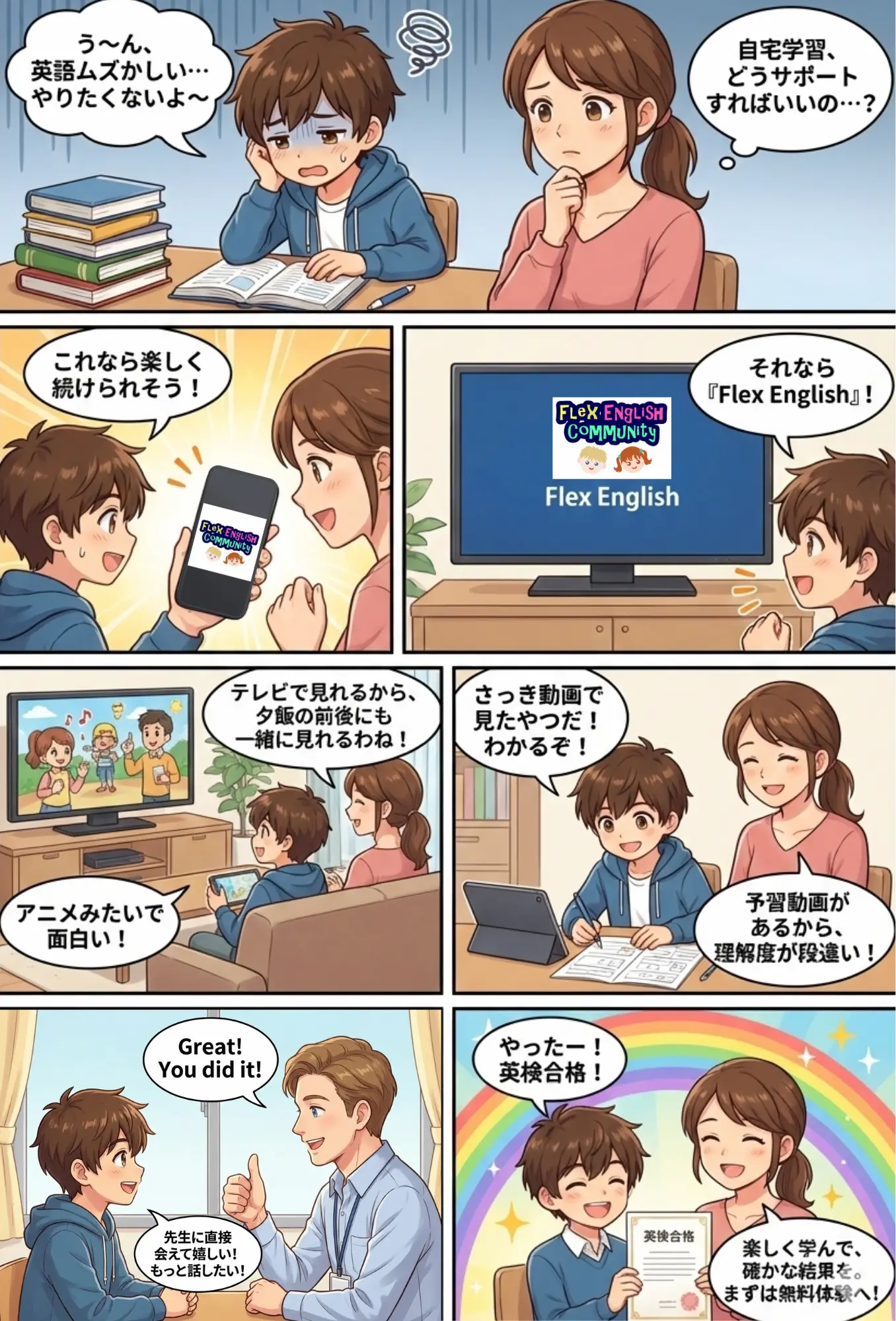 飯塚市での英検合格ストーリー。幼少期から楽しみながら英語力を伸ばすフレックス・イングリッシュのマンガ